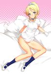  absurdres arm_support ayase_eli blonde_hair blue_eyes bottomless choker gloves highres legs long_hair long_legs love_live! love_live!_school_idol_project lying mary_janes naked_shirt navy_blue_legwear ooyari_ashito ponytail shirt shoes socks solo thighs white_gloves white_legwear 