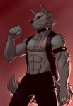  anthro biceps big_muscles black_nose canine chest clothing collar ear_piercing flexing fliegen80s fur grey_fur invalid_color jacket looking_at_viewer male mammal muscles open_shirt pants paws pecs piercing plain_background pose red_background red_eyes scar shirt solo standing toned wolf 