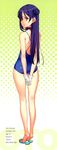  absurdres arms_behind_back ass bare_legs bare_shoulders brown_eyes casual_one-piece_swimsuit choker from_behind gloves hair_bun halftone halftone_background highres legs long_hair long_legs looking_back love_live! love_live!_school_idol_project one-piece_swimsuit ooyari_ashito parted_lips purple_hair sandals scan solo sonoda_umi stats swimsuit thighs white_gloves 