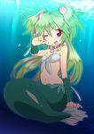  ;d \m/ blush clam green_hair hair_ornament jewelry long_hair madara_sai mermaid monster_girl muromi-san namiuchigiwa_no_muromi-san navel necklace one_eye_closed open_mouth pearl red_eyes seashell shell smile solo star twintails two_side_up underwater v 