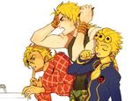  blonde_hair blue_eyes bracelet brushing_teeth bug combing diego_brando dio_brando fang giorno_giovanna green_eyes insect jewelry jojo_no_kimyou_na_bouken ladybug male_focus morning multiple_boys steel_ball_run tears tem_(artist) 