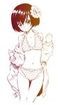  artist_name bikini blush bow clothes_down flower frilled_bikini frills hair_flower hair_ornament head_tilt heart heart_print jacket monochrome navel original print_bikini short_hair signature smile solo swimsuit takanashi_ringo 