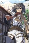  black_hair blue_eyes breasts colorized cropped_jacket dual_wielding emblem hair_between_eyes holding leaf magister_(medical_whiskey) mikasa_ackerman pants paradis_military_uniform scarf shingeki_no_kyojin short_hair small_breasts solo survey_corps_(emblem) thigh_strap three-dimensional_maneuver_gear weapon wind 