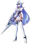  android bare_shoulders blue_hair breasts forehead_protector garter_straps gloves high_heels huge_weapon kos-mos kos-mos_ver._4 large_breasts legs long_hair long_legs official_art project_x_zone red_eyes shoes solo sword thighhighs thighs twintails very_long_hair weapon xenosaga xenosaga_episode_iii 