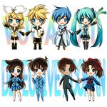  4girls ahoge aqua_eyes aqua_hair arm_warmers blonde_hair blue_eyes blue_hair blue_sailor_collar blue_scarf bow brother_and_sister brown_hair chibi copyright_name cuffs food gakuran green_eyes hair_bow hamifr handcuffs hatsune_miku hattori_heiji holding_hands ice_cream kagamine_len kagamine_rin kaito kudou_shin'ichi leg_warmers long_hair meitantei_conan mouri_ran multiple_boys multiple_girls necktie pants red_string sailor_collar scarf school_uniform serafuku short_hair shorts siblings skirt smile spring_onion string teitan_high_school_uniform thighhighs tooyama_kazuha twintails vocaloid white_background 