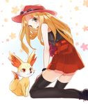  bad_id bad_tumblr_id black_legwear blonde_hair blush eyewear_on_head fennekin gen_6_pokemon grey_eyes kneeling long_hair pokemon pokemon_(creature) pokemon_(game) pokemon_xy serena_(pokemon) shiyun skirt sunglasses thighhighs zettai_ryouiki 