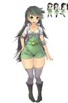  black_hair boots bravest_warriors breasts cleavage cropped_jacket elbow_pads green_eyes grey_legwear hand_on_hip long_hair magister_(medical_whiskey) medium_breasts pigeon-toed shorts smile solo tezuka_beth thighhighs thighs very_long_hair wide_hips 