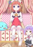  :&lt; atelier_(series) atelier_meruru atelier_rorona cape chim_(atelier) expressionless food full_body hat heart md5_mismatch multiple_girls orange_hair panties panties_under_pantyhose pantyhose puni_(atelier) purple_eyes purple_hair rororina_fryxell shoes short_hair sitting skirt smile tsukino_neru underwear white_legwear yellow_eyes 