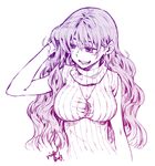  artist_name bracelet breasts earrings feathers hand_in_hair jewelry large_breasts long_hair monochrome necklace open_mouth original ribbed_sweater signature sleeveless smile solo sweater takanashi_ringo 