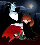  1girl big_nose black_hair blue_skin brown_eyes brown_hair cape chocola cloud don_dracula don_dracula_(character) fang forest full_moon kneehighs looking_down moon nature night open_mouth oyatsu_(mk2) pleated_skirt pointy_ears red_eyes skirt sky smile tree vampire 