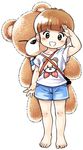  :d barefoot brown_eyes brown_hair child copyright_request flat_chest full_body looking_at_viewer open_mouth oyatsu_(mk2) salute short_hair shorts simple_background smile solo stuffed_animal stuffed_toy teddy_bear white_background 