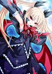  black_capelet blazblue blonde_hair blue_moon blush bow capelet detached_sleeves dress frills full_moon gothic_lolita hair_ribbon kagerou_(kers) lolita_fashion long_hair moon rachel_alucard red_bow red_eyes ribbon solo star star_(sky) twintails 