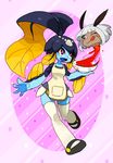  ;q apron bangs blood blue_skin blunt_bangs bowl dark_skin fins fish_girl hair_ornament mary_janes minette_(skullgirls) monster_girl ms._fortune_(skullgirls) multiple_girls one_eye_closed pink_eyes scales scar severed_head shell shoes skullgirls smile thighhighs tongue tongue_out waitress yellow_sclera yuriyuri_(ccc) 