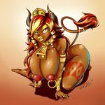  areola big_breasts breasts captain_jerkpants corruption_of_champions erect_nipples excellia_(coc) female hair horn huge_breasts long_hair looking_at_viewer minotaur nipple_piercing nipples nude piercing smile solo tattoo two_tone_hair 