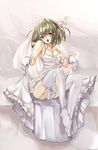  breasts cleavage dacho dress garter_straps gloves green_hair heterochromia idolmaster idolmaster_cinderella_girls medium_breasts mole mole_under_eye open_mouth sitting skirt skirt_lift solo takagaki_kaede thighhighs wedding_dress white_legwear 