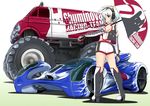  blush boots bridal_gauntlets gustav_(telomere_na) headset highres looking_at_viewer looking_back midriff monster_truck original race_queen racecar red_eyes silver_hair solo umbrella 
