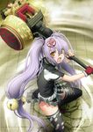  absurdres bell black_legwear fingerless_gloves gloves hair_bell hair_ornament hammer highres holding holding_weapon huge_weapon hyakka_ryouran_samurai_girls jingle_bell long_hair naoe_kanetsugu_(hyakka_ryouran) nishii_(nitroplus) open_mouth purple_hair robe rope scan school_uniform shimenawa short_sleeves solo thighhighs torii twintails very_long_hair weapon zettai_ryouiki 