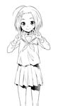  ahoge akihazama bow collar commentary_request double_v euphoria_(clockup) greyscale hair_bow makiba_rika monochrome pleated_skirt school_uniform serafuku short_hair sketch skirt smile solo triple_horizontal_stripe v 