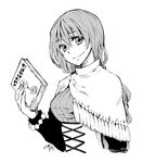  bead_bracelet beads book bracelet eyelashes flower greyscale holding holding_book jewelry long_hair looking_at_viewer monochrome nina_(nina-san_no_mahou_seikatsu) original shawl simple_background smile solo takanashi_ringo tassel upper_body white_background 