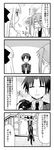  4koma =_= arms_behind_back brand_name_imitation camera canon_(company) comic dress_shirt glasses greyscale hair_ribbon labcoat long_hair minami_(colorful_palette) monochrome multiple_girls necktie open_mouth original ponytail ribbon rocket_punch shirt smile tailcoat translated twintails upside-down window 