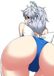  ass bespectacled blue_leotard braid from_behind glasses izayoi_sakuya leotard looking_back maid_headdress short_hair silver_hair simple_background solo tajima_yuuki touhou white_background 