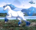  absurd_res blue_hair dirt dust equine female feral fur grass hair hi_res horse jade-sapphire looking_at_viewer mammal mane moon mountain necklace outside running side_view sky smile solo walter_sache water white_fur 