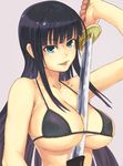  bad_id bad_pixiv_id between_breasts bikini bikini_top black_bikini black_hair blue_eyes breasts ikaruga_(senran_kagura) katana long_hair looking_at_viewer open_mouth parted_lips senran_kagura senran_kagura_shoujo-tachi_no_shin'ei simple_background skindentation smile solo strap_gap swimsuit sword weapon yuuji_(and) 