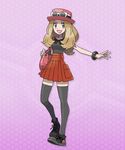  bag bangle black_legwear blue_eyes bracelet eyewear_on_head handbag jewelry light_brown_hair long_hair lowres nintendo official_art pleated_skirt pokegear pokemon pokemon_(game) pokemon_xy serena_(pokemon) shoes skirt sleeveless smile sneakers solo sunglasses thighhighs zettai_ryouiki 