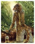  blonde_hair bracelet braid feline female ferns green_eyes hair jewelry long_hair looking_at_viewer looking_back plants pussy sekhmet tiger water 