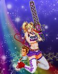  1boy 1girl belt blonde_hair blue_eyes breasts brown_hair chainsaw cheerleader clothes_writing couple crop_top grasshopper_manufacture grin heart juliet_starling kneeling large_breasts leg_warmers lollipop_chainsaw long_hair midriff necktie nick_carlyle pixiv_thumbnail rainbow resized scrunchie severed_head shoes short_hair smile sneakers sparkle star thighhighs twintails white_legwear wristband 