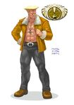  abs alternate_costume belt belt_buckle blonde_hair boots buckle denim dog_tags fur_trim guile hand_on_hip ikeno_daigo jacket jeans male_focus muscle open_clothes open_jacket pants shirtless solo street_fighter street_fighter_iv_(series) 