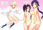  3girls absurdres ascii_media_works ass ayase_eli back bare_shoulders bed bikini_top black_hair blonde_hair blue_eyes blush breasts choker embarrassed feet flat_chest gloves green_eyes hair_ornament highres large_breasts legs long_hair looking_at_viewer love_live!_school_idol_project multiple_girls no_panties ooyari_ashito pillow ponytail purple_hair red_eyes shoes short_hair sideboob simple_background sitting socks standing thigh_grab thighs toujou_nozomi translation_request twintails yazawa_nico 