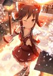  bad_id bad_pixiv_id blush bow brown_eyes brown_hair cherry_blossoms detached_sleeves hair_bow hair_tubes hakurei_reimu lantern one_eye_closed petals samegami sandals sidelocks skirt skirt_set solo standing sunset torii touhou wooden_lantern 