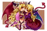  ;d ;p blonde_hair cheek-to-cheek demon_tail demon_wings fan fang heart highres holding_hands horns lilith_(p&amp;d) multiple_girls navel one_eye_closed open_mouth pointy_ears puzzle_&amp;_dragons red_eyes rutsubo smile tail tongue tongue_out wings 