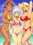  3girls annon beach bikini blonde_hair blue_eyes breasts brown_hair christie dark_skin dead_or_alive green_eyes green_hair helena_douglas large_breasts lisa_hamilton long_hair multiple_girls ocean purple_eyes short_hair sling_bikini smile swimsuit v very_long_hair water 