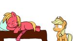  applejack_(mlp) bed big_macintosh_(mlp) blonde_hair duo equine female feral freckles friendship_is_magic fur hair horse horsecock jbond lying male mammal my_little_pony orange_fur penis pillow plain_background pony red_fur sleeping white_background young 