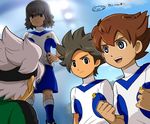  brown_eyes brown_hair earth_eleven goalkeeper headband ibuki_munemasa inazuma_eleven_(series) inazuma_eleven_go inazuma_eleven_go_galaxy male_focus matatagi_hayato matsukaze_tenma mizuhara_aki multiple_boys open_mouth shindou_takuto soccer_uniform sportswear white_hair 