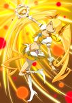  blonde_hair boots bow choker cure_sunshine hair_ribbon heart heartcatch_precure! highres instrument knee_boots long_hair looking_at_viewer magical_girl midriff myoudouin_itsuki navel open_mouth orange_bow orange_choker precure ribbon shiny_tambourine skirt smile solo tambourine twintails uganda wrist_cuffs yellow_bow yellow_eyes 
