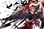  bird black_legwear black_sclera black_wings bow crow feathered_wings feathers fur_trim hair_bow hair_ribbon high_heels highres pink_hair pixiv_fantasia pixiv_fantasia_sword_regalia polearm red_footwear ribbon shoes spear thighhighs tsukii weapon wings 