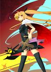  bardiche black_legwear blonde_hair fate_testarossa fujinon_(fish_bone) hair_ribbon highres long_hair lyrical_nanoha mahou_shoujo_lyrical_nanoha red_eyes ribbon solo thighhighs twintails 