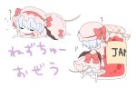  1girl =_= animal_ears arm_up barefoot bat_wings blue_hair blush_stickers bow chibi chitose_(usacan) commentary_request dress ears_through_headwear eyes_closed from_behind full_body hat hat_bow jam jar kemonomimi_mode lying mob_cap mouse_ears mouse_tail multiple_views on_stomach pink_dress pink_hat plaid puffy_short_sleeves puffy_sleeves red_bow remilia_scarlet short_hair short_sleeves simple_background standing tail touhou translation_request unmoving_pattern white_background white_bloomers wings 
