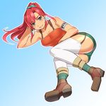  armlet bellows_(suisei_no_gargantia) belt blue_eyes boots breasts garter_straps kugata1 large_breasts looking_at_viewer lying ponytail red_hair short_shorts shorts suisei_no_gargantia suspenders tank_top thighhighs tool_belt white_legwear 