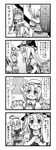  4koma alice_margatroid blush bow braid bubble_wrap capelet comic dress fang flandre_scarlet greyscale hair_bow hairband hat highres hong_meiling kirisame_marisa long_hair monochrome multiple_girls nichika_(nitikapo) short_hair shouting side_ponytail skirt skirt_set star sweatdrop touhou translated twin_braids wings witch_hat 