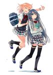  ;d absurdres bag black_hair black_legwear blue_eyes book bow bowtie hand_on_another's_shoulder highres lossy-lossless multiple_girls object_hug official_art one_eye_closed open_mouth plaid plaid_skirt pleated_skirt ponkan_8 school_bag school_uniform shoes shoulder_bag side_bun simple_background skirt smile socks thighhighs uwabaki v vest white_background wristband yahari_ore_no_seishun_lovecome_wa_machigatteiru. yuigahama_yui yukinoshita_yukino 