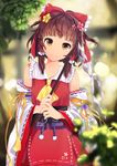  ascot blurry bow brown_eyes brown_hair depth_of_field detached_sleeves embellished_costume flower gohei hair_bow hair_flower hair_ornament hair_tubes hakurei_reimu head_tilt highres looking_at_viewer ribbon sera_(mrvles) short_hair smile solo tassel touhou 