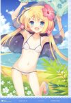  :d absurdres artist_name bikini blonde_hair blue_eyes blush collarbone fang feet flower hair_flower hair_ornament highres holding hood hoodie komi_zumiko leg_up long_hair navel open_mouth original possible_duplicate smile solo swimsuit towel twintails water 