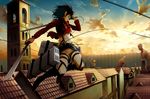  belt black_eyes black_hair cloud cloudy_sky commentary_request defensive_wall dual_wielding emblem holding jacket kyokucho mikasa_ackerman paradis_military_uniform rooftop scarf shingeki_no_kyojin short_hair sky solo sword thigh_strap three-dimensional_maneuver_gear titan_(shingeki_no_kyojin) tower training_corps_(emblem) wall weapon 