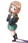  aida_yuu backpack bag blush bow bowtie breasts brown_eyes brown_hair full_body hataraku_maou-sama! loafers looking_at_viewer medium_breasts open_mouth randoseru sasaki_chiho school_bag school_uniform serafuku shoes short_hair simple_background socks solo twintails 