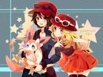  1girl arm_holding bad_id bad_pixiv_id bag blonde_hair blue_eyes blush bow breasts brown_hair calme_(pokemon) copyright_name eyewear_on_head gen_6_pokemon hat holding long_hair medium_breasts nicole_(usako) poke_ball pokemon pokemon_(creature) pokemon_(game) pokemon_xy serena_(pokemon) short_hair shoulder_bag smile star sunglasses sylveon 