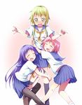  :d ^_^ blonde_hair blue_sailor_collar blush closed_eyes girl_sandwich green_eyes gurande_(g-size) hinata_yukari ichii_yui long_hair multiple_girls nonohara_yuzuko open_mouth pantyhose pink_hair pleated_skirt purple_hair sailor_collar sandwiched school_uniform school_uniform_(yuyushiki) serafuku short_hair skirt smile twintails yuri yuyushiki 